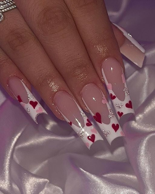 Acrylic Cute French Tip White & Hearts Press On Nails Valentine’s Day