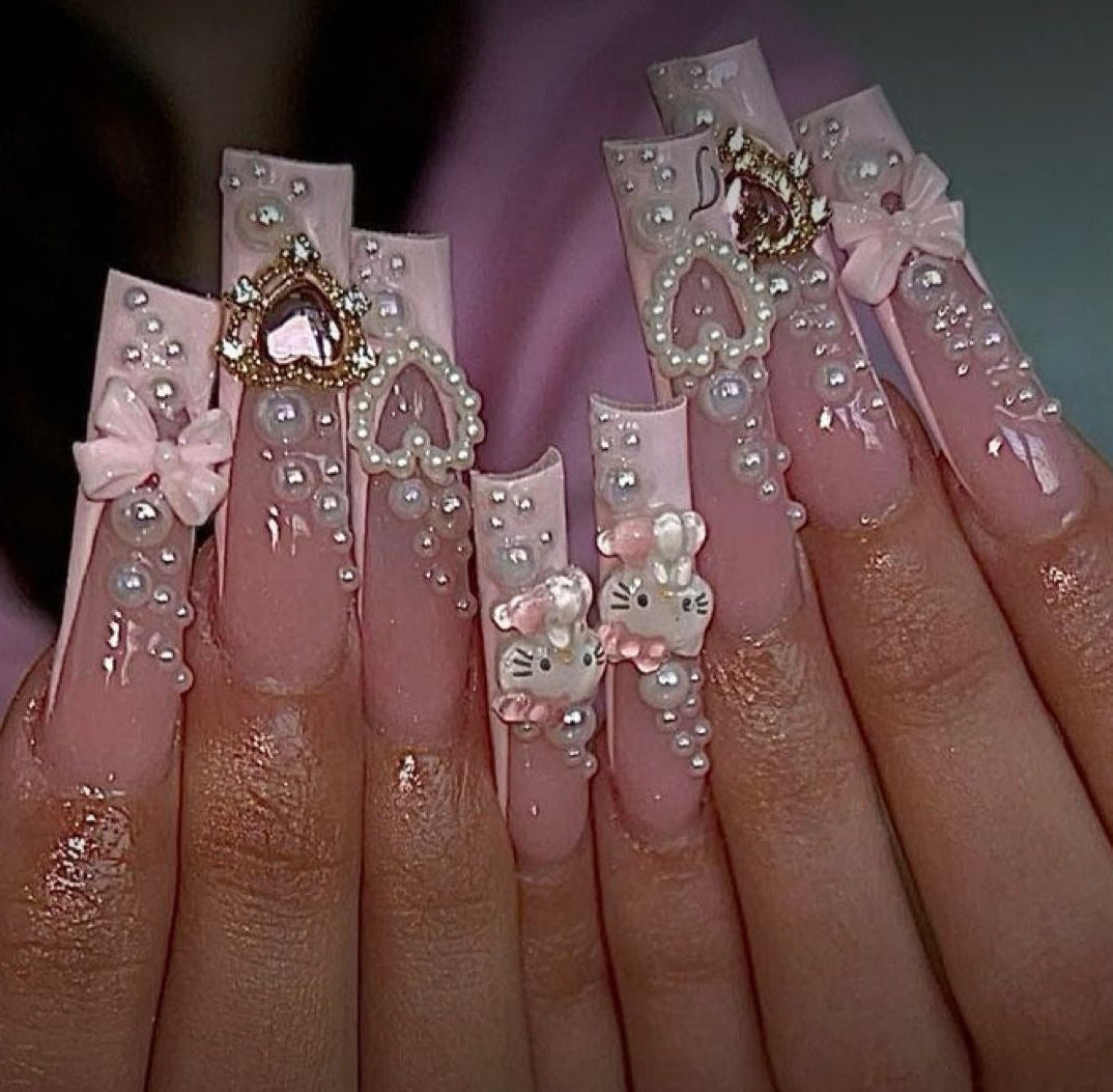 Acrylic Cute French Tips Pearls Pink Press On Nails