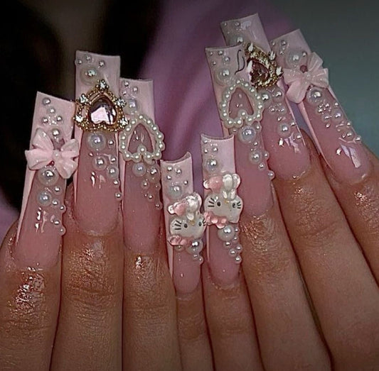 Acrylic Cute French Tips Pearls Pink Press On Nails