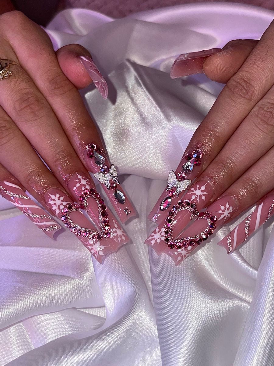 Acrylic Cute Baddie Christmas Winter Pink Wonderland Press On Nails