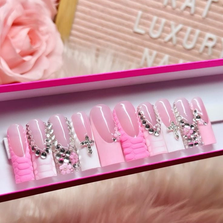Acrylic Pink French Tip Press On Nails Bling & Crocodile Print