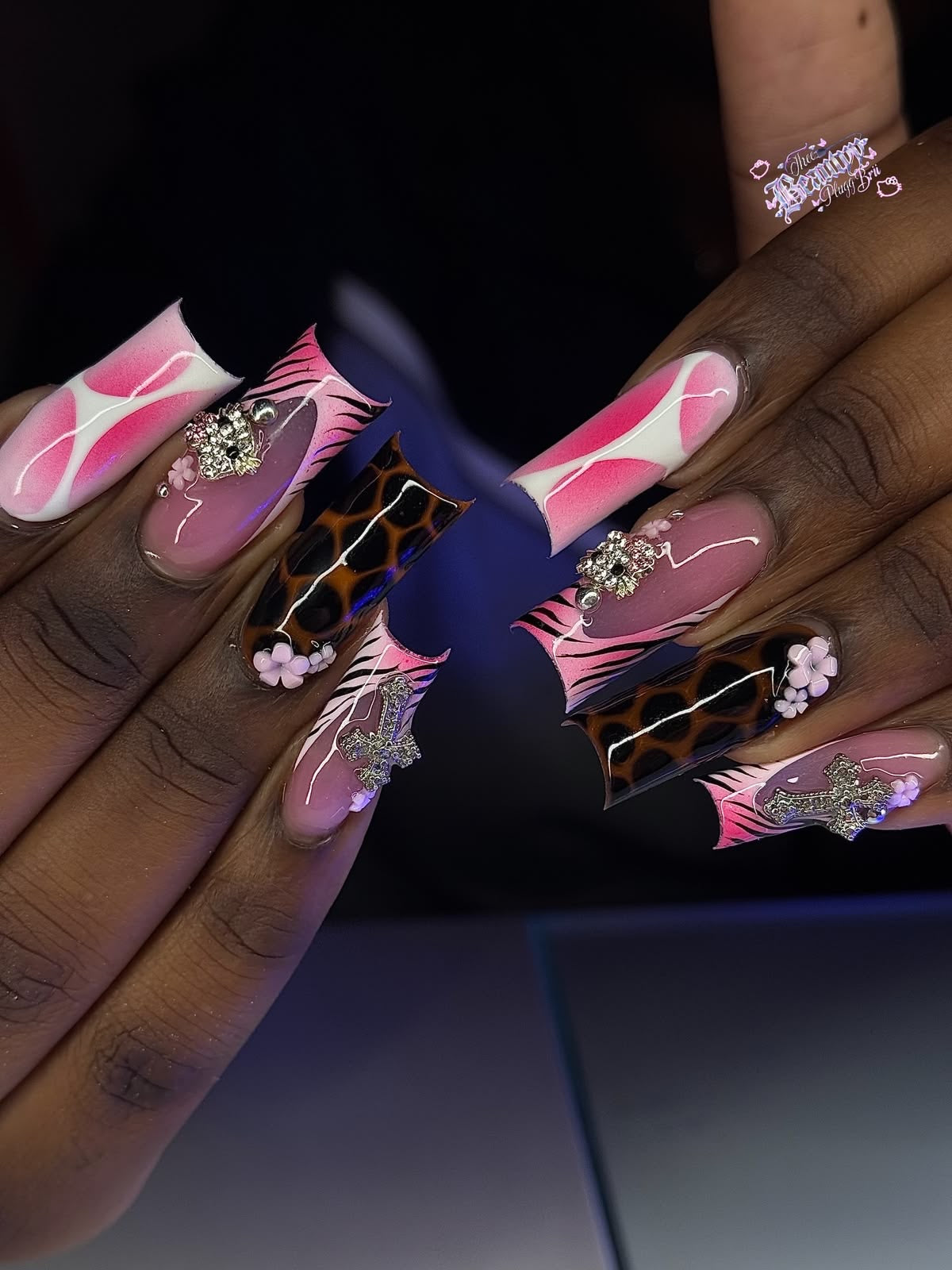 Acrylic Press On Nails Pink & Brown Animal Print Flowers Bling