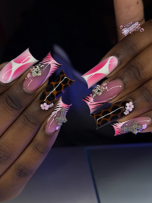 Acrylic Press On Nails Pink & Brown Animal Print Flowers Bling