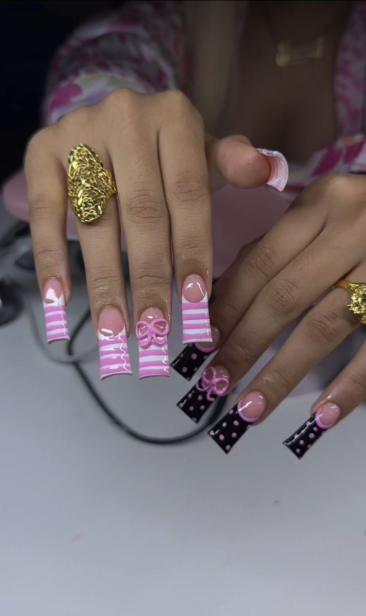 Acrylic Cute Dots & Stripes French Tips Press On Nails