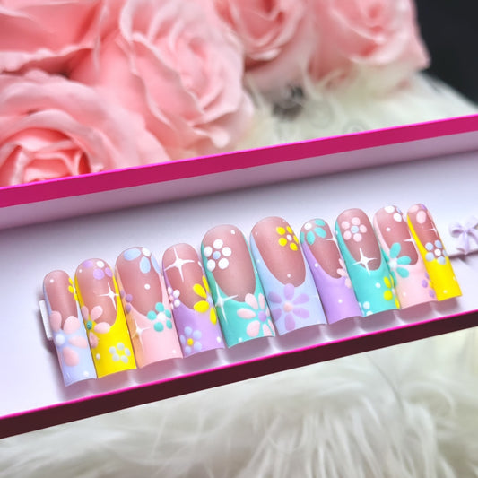 Luxury Press Ons Cute Pastel Acrylic Matte Flower Nails