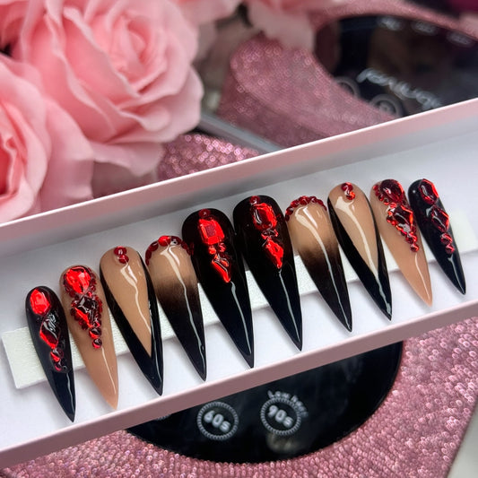 Luxury Press On Nails Pretty Black Red Acrylic & Bling