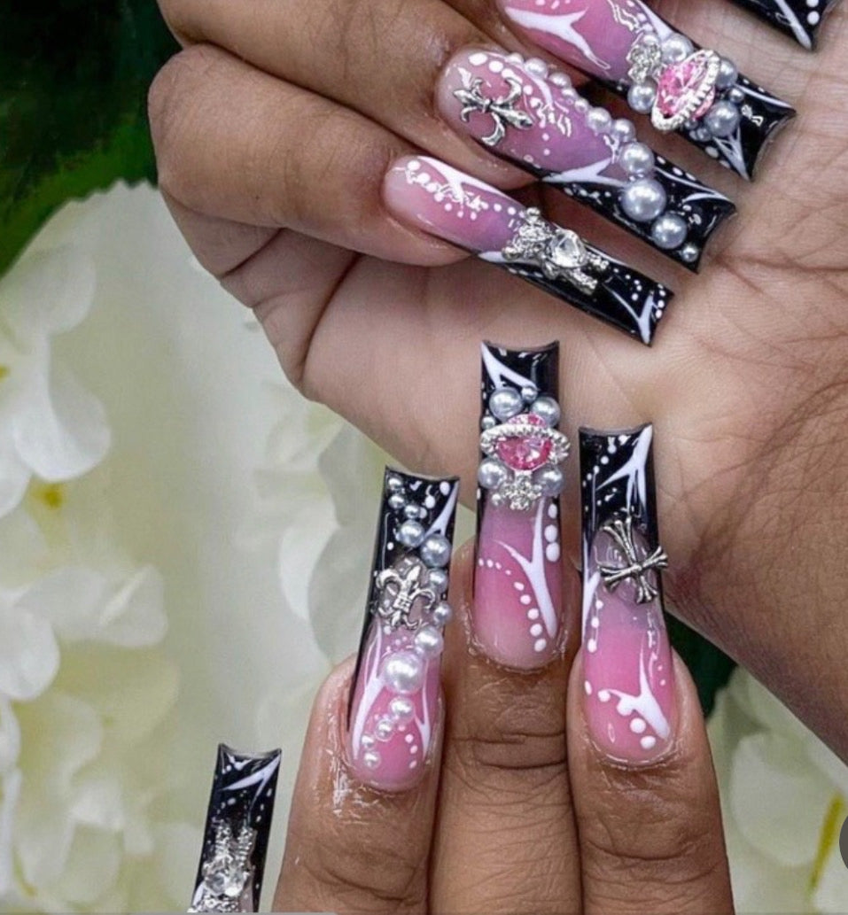 Luxury Press On Nails Pink Acrylic Coquette Black French Tips & Pearls