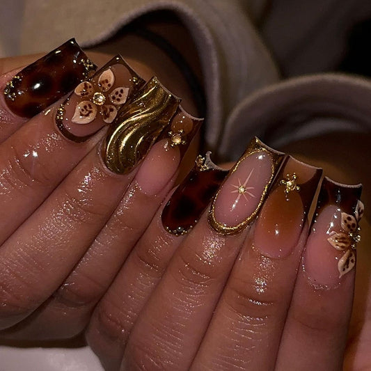 Acrylic Baddie Brown Fall/Autumn Y2K Press On Nails 3D Gold