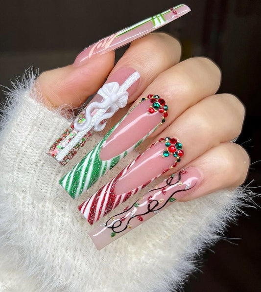 Acrylic Cute Baddie Christmas Green Red Holiday Press On Nails