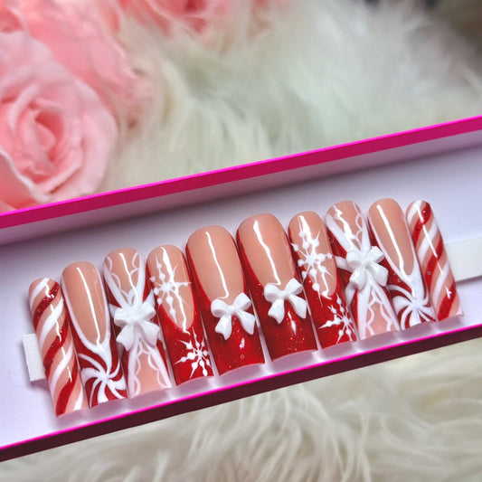 Acrylic Baddie Christmas Red & White Press On Nails