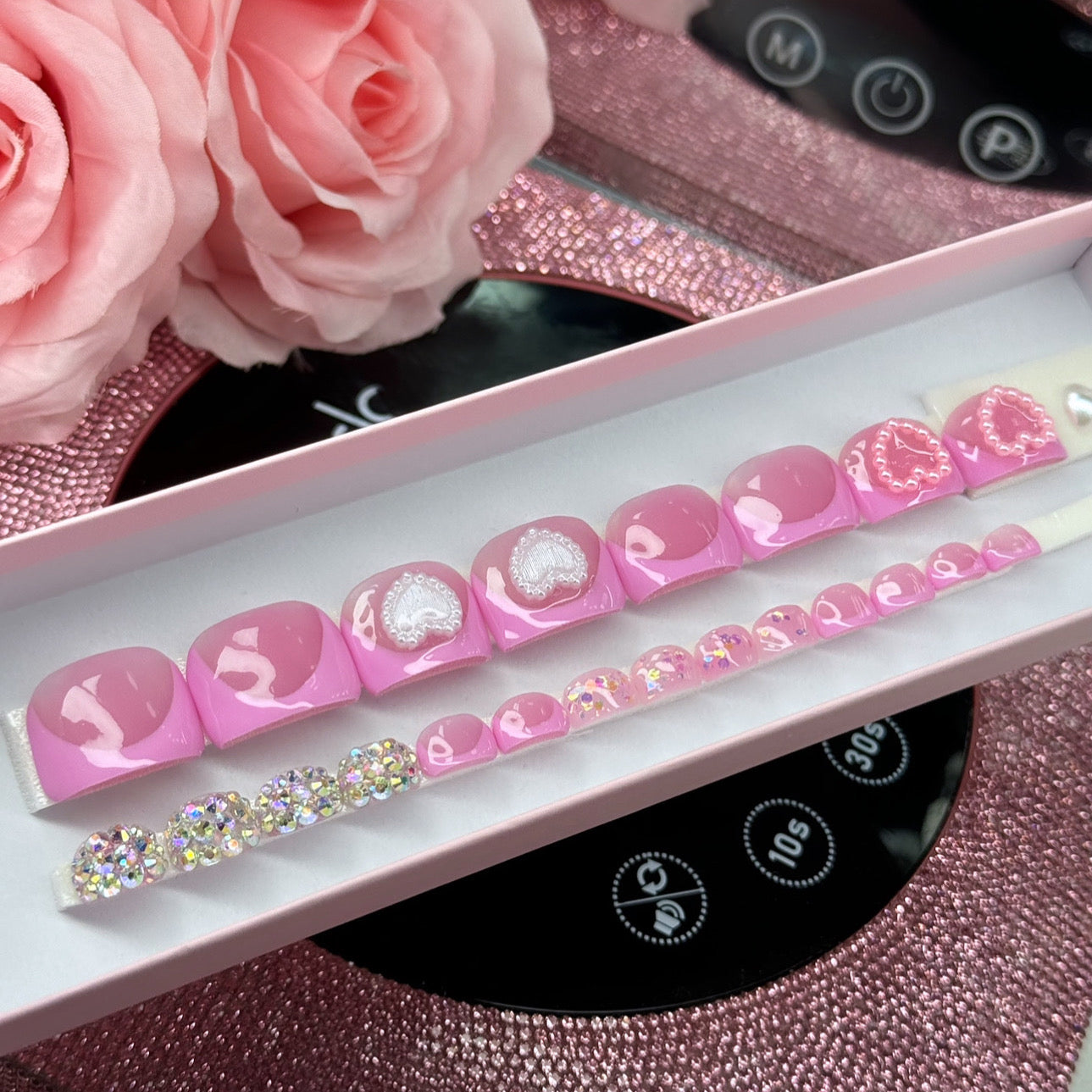 Toe Acrylic Pink Press On Nails Luxury French Tips Bling 22pc